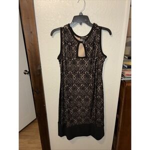 R&M richards dress size 14 black lace tan lining sequins Midi Side Zip